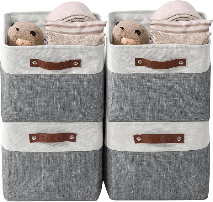 DECOMOMO Storage Bins, Large Fabric Storage Baskets for Shelves 4 Pack | 15 x 11 x 9.5 inches Decorative Linen Closet Organizers (Slate Grey & White) by DECOMOMO