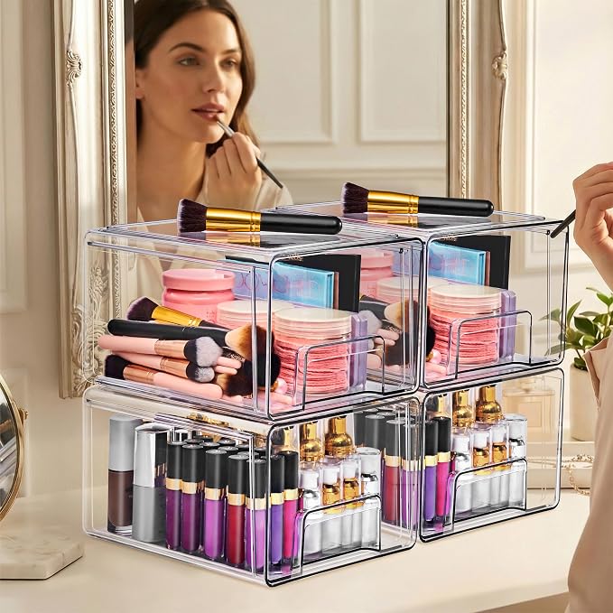 Sorbus Clear Stackable Storage Drawers with Handles (Large, 4 Pack) | Pull-out cabinet organization with multipack plastic bins for bathrooms, closets, medicine, pantries and baby bottles. - Image 2