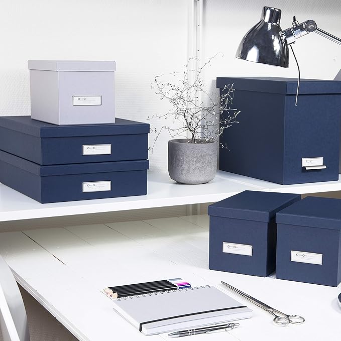 Bigso Oskar Fiberboard Label Frame Document Letter Box - File Organizer Box for Important Paperwork - Document Storage with a Lid & Metal Label Window - 3.3 in x 10.2 in x 13.8 in - Dark Blue - Image 2