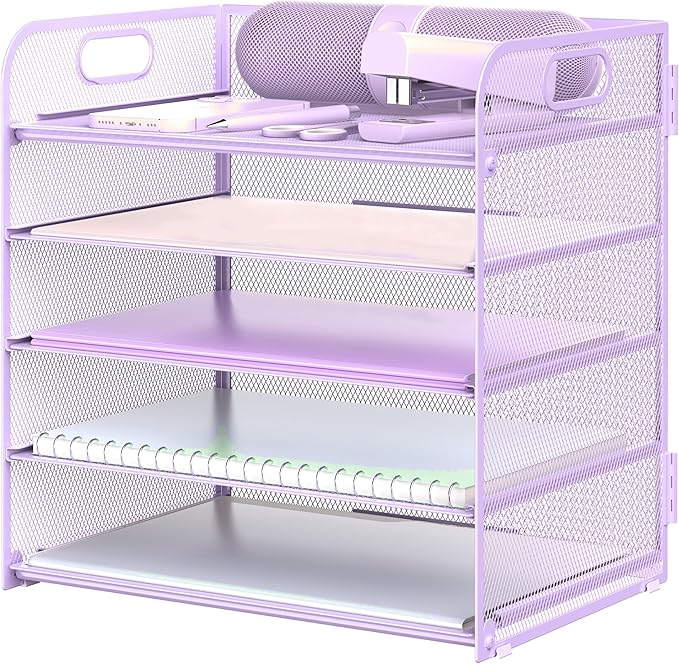 Letter Tray Paper Organizer 5-Tier Desk Organizer File Organizer Paper Holder with Handle, Metal Desktop Document Shelf Tray Office Classroom Organization - Purple by Sinboun