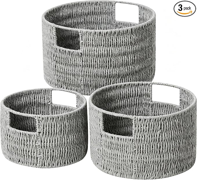 Wicker Storage Basket, Hand-Woven Paper Rope Large Round Woven Basket With Handles, Wicker Baskets for Organizing/Storage, Grey, 3-Pack by Vagusicc