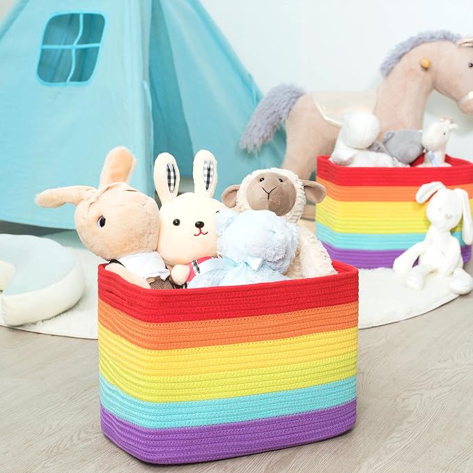 3-Pack Storage Baskets for Shelves, Playroom and Classroom, Book Basket, Decorative Storage Cube Bins, Woven Closet Organizers, Pantry and Shoe Organizer, Rainbow - Image 6
