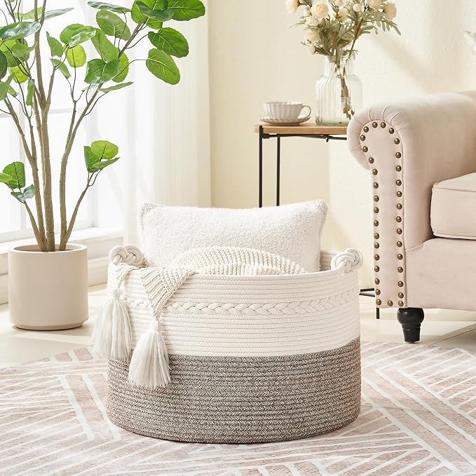 KAKAMAY Large Blanket Basket (20"x13"),Woven Baskets for storage Baby Laundry Hamper, Cotton Rope Blanket Basket for Living Room, Laundry, Nursery, Pillows, Baby Toy chest (White/Beige) | Extra Large Capacity | Natural Cotton Rope | Blanket Storage | W... - Image 4