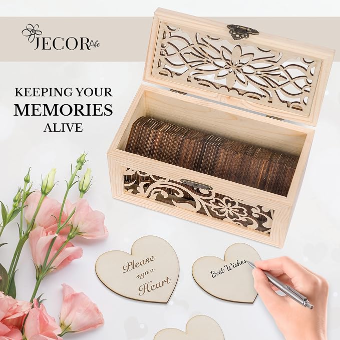 Jecor Alternative Guest Book Box - Wedding Guest Book Alternative - Pattern | 62 Large Wooden Hearts - Baby Shower, Bridal Shower, Anniversary, Birthday, Retirement, Funeral Guest Book Alternatives - Image 2