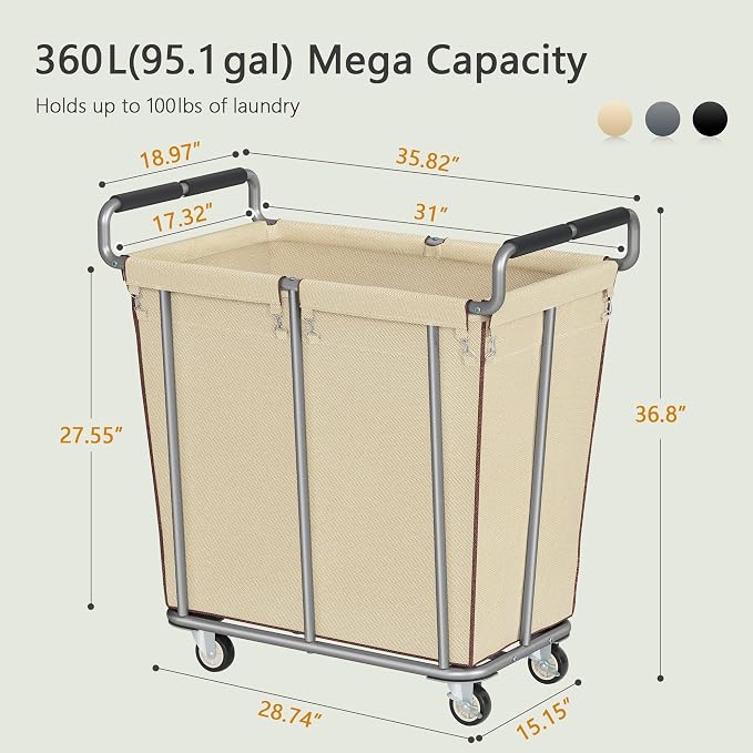 Gewudraw 360L Laundry Hamper with Wheels, Khaki, 95 Gallons | Heavy Duty Rolling Laundry Basket Commercial, Large Laundry Cart with Handle for Bathroom, Bedroom, Hotel, Steel Frame - Image 3