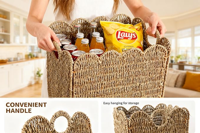 Scalloped Wicker Storage Cubes Basket, 12”x12“ Heavy Duty Paper rope/Hyacinth/Seagrass Baskets for Shelves, Foldable Natural Boho Square Bins (Seagrass&12 x 12 x 12in&4-Pack) - Image 3