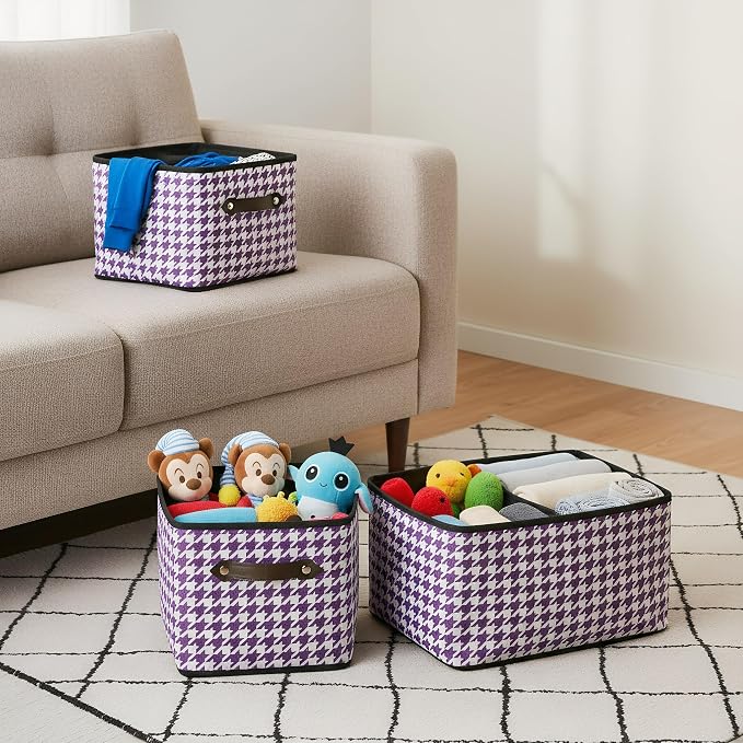 1 Pack Large Collapsible Storage Baskets for Shelves,14.9"x9.5" Fabric Closet storage Boxes with Leather Handles,Decorative Organizers Storage Bins for Clothes,Sheets,Books,(Purple Houndstooth - Image 4