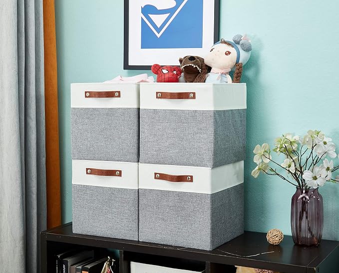 DECOMOMO Fabric Cube Storage Bins, Storage Baskets for Shelves 4 Pack | 13 inch Cube Storage Organizer for Kallax and Cubbies (Grey & White) - Image 7