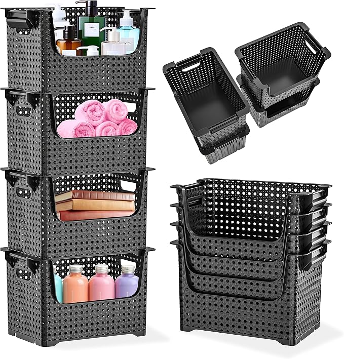 Large Stackable Storage Bins Open Front for Pantry Storage, 4 Pack - Black | Sturdy Plastic, Easy Stacking, Open Front Access, Ventilated Sides, Vertical & Space Saving Pantry Organizers and Storage Bin by Skywin
