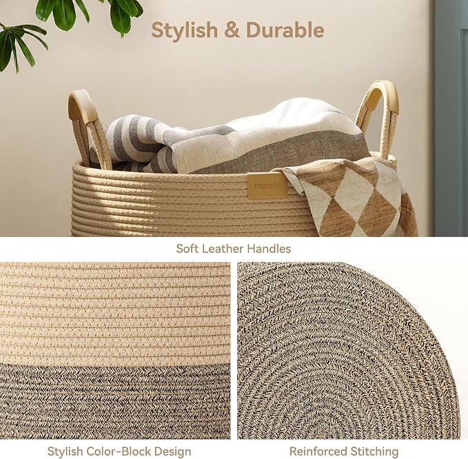 Nunsino 72L Woven Blanket Basket with Leather Handles, Cotton Rope Laundry Basket Hamper,Decorative Nursery Basket Toy Storage Basket for Kids, Living Room, Bedroom,Dark Brown Stripes - Image 6
