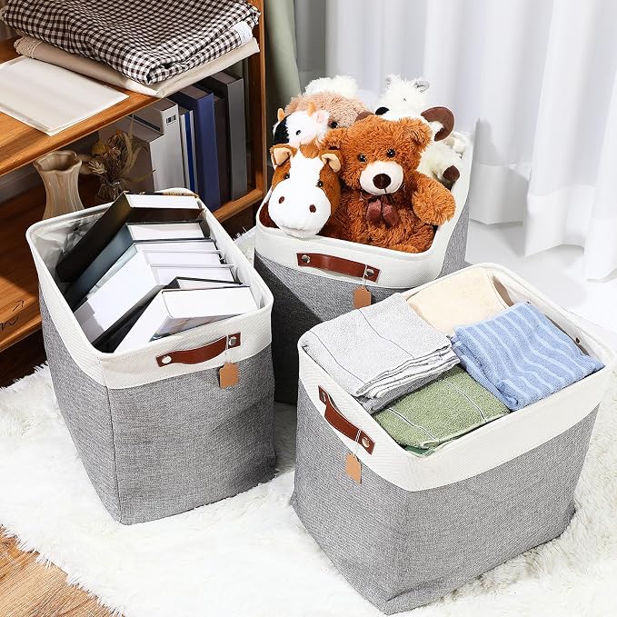 Uiifan 10 Pcs Collapsible Storage Bins Fabric Foldable Storage Basket with Handles Cloth Organizer Linen Shelf Baskets for Shelves Home Closet Nursery Toys(17 x 15 x 12 Inch,Gray and White) - Image 4