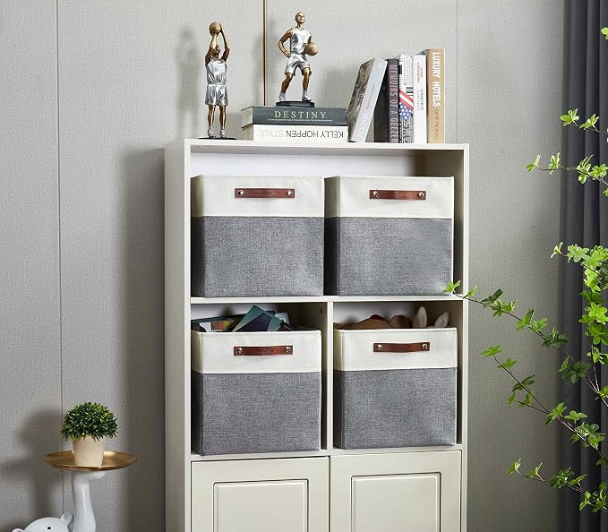 DECOMOMO Fabric Cube Storage Bins, Storage Baskets for Shelves 4 Pack | 11 inch Cube Storage Organizer for Kallax and Cubbies (Grey & White) - Image 6