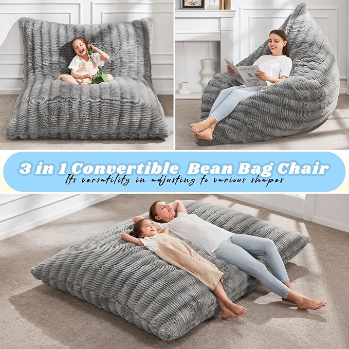 Hobestluk Adult Bean Bag Chair 3 in 1 Convertible Large Bean Bag Sofa | Ripple Grey,Machine Washable,Removable Cover,Easy Convert And Install, Oversied Floor Bed,For Livingroom Bedroom - Image 4