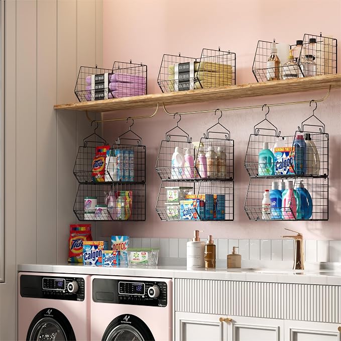 X-cosrack 5 Tier Closet Hanging Organizer, Clothes Hanging Shelves with 4 Hanging Hooks 5 S Hooks, Wire Storage Basket Bins, for Clothing Sweaters Shoes Handbags Clutches Accessories Patent Design - Image 5