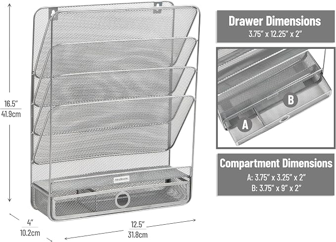 Mind Reader 4-Tier Vertical File Storage, Desktop Organizer, Wall Mount, Office, Metal Mesh, 12.5"L x 4"W x 16.5"H, Silver - Image 3