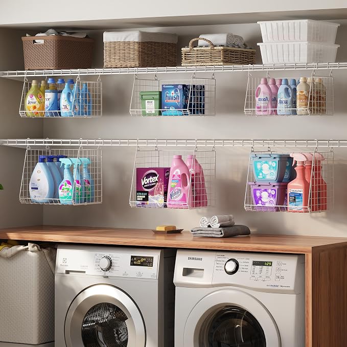 4-Tier Hanging Laundry Room Organizer: Foldable Wire Shelf Basket with 2 Large Hooks 1.65" & 360°Rotating Hooks – Space-Saving Laundry Storage Basket, for Wardrobe Closet Storage, White Patent - Image 6