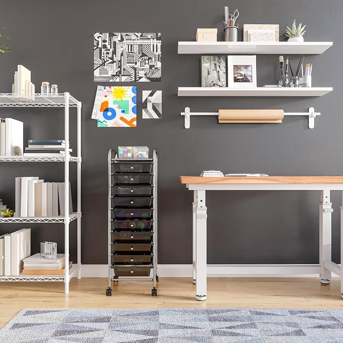 Seville Classics Rolling Utility Organizer Storage Cart, for Home Office, School, Classroom, Scrapbook, Hobby, Craft, 10 Drawer, Black - Image 9