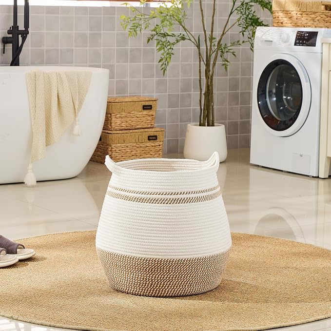 KAKAMAY Large Cotton Rope Woven Basket for Storage (17"x17"), Collapsible Laundry Hamper for Baby, Blanket Basket for Organizing Living Room, Nursery, Clothes, Toy Chest, Brown Stripes - Image 6