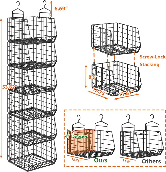 6-Tier Extended Depth Hanging Closet Organizers and Storage for Closet Organization, Stackable Hanging Shelves with Hooks for Clothes Sweaters Towels Purses, Fits Closet Shelves & Wire Metal Shelving - Image 3