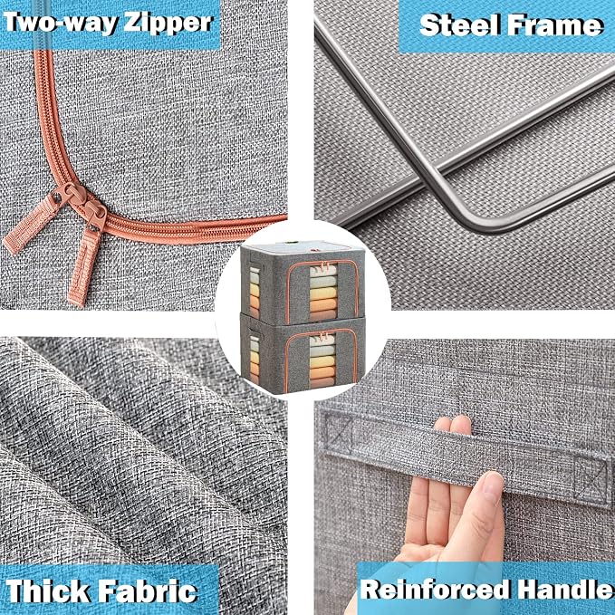 Linen Clothes Storage Bags, Sturdy Closet Organizers and Storage Bin with Hold Shape Metal Frame, 2 Opening Ways Fabric Visible Lidded Storage Box for Organizing Clothing,Bedding (2 Pack, 24L) - Image 6