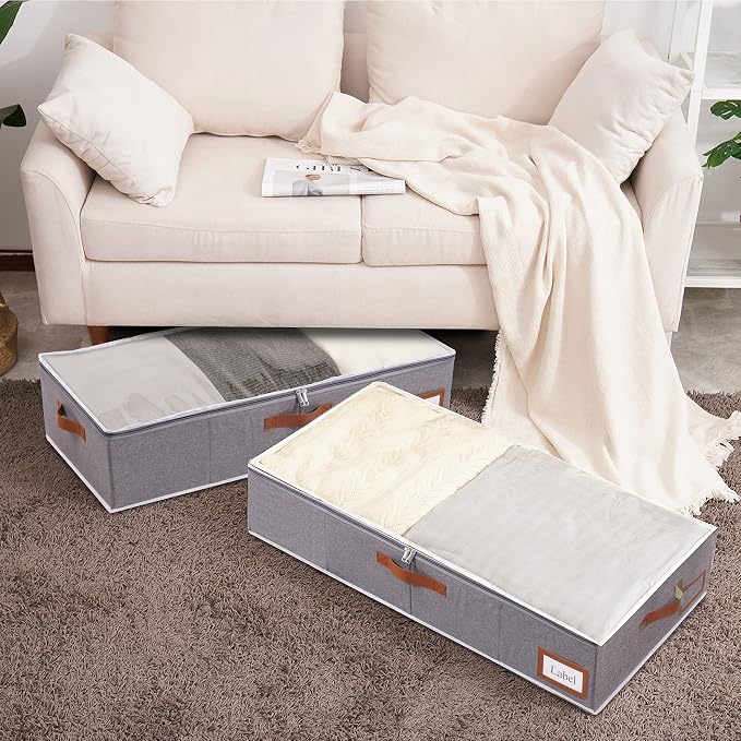 Yawinhe 27L Under Bed Storage,4 Pack Collapsible Container Bags,Grey | Blanket Storage Bags with Clear Window and Lids with 4 Leather Handles;Closet Organizers with Sorting Card Slot for Bedding - Image 3