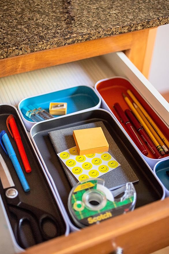 Three by Three Seattle Metal Drawer Organizer Tray Set, 5-Pc, 1" (Gray Mix) | Colorful 1" metal bins; food-safe; soft non-scratch base; kitchen, bathroom, vanity, desk & office drawers - Image 6