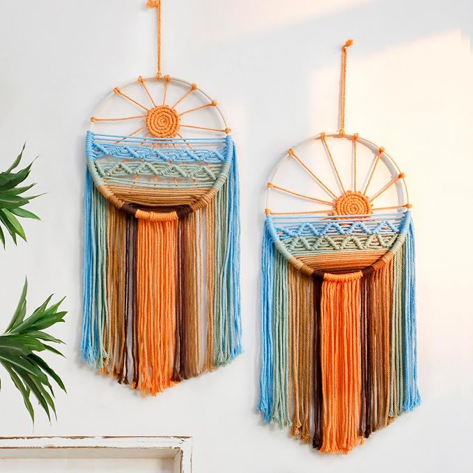 Artilady Macrame Hanging Tapestry Sun Wall Decor Set 2, Boho Dream Catcher | Large Tapestry, Handmade Woven, Farmhouse Rustic, Colorful Sun Wall Art Set, Bedroom Living Room Entryway Home Decor by Artilady