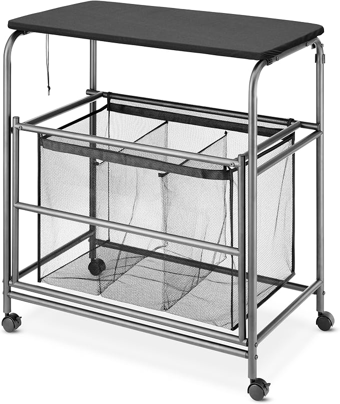 Whitmor Triple Laundry Sorter with Ironing & Folding Table - Rolling Laundry Sorter with Ironing Table - Gunmetal - Image 5