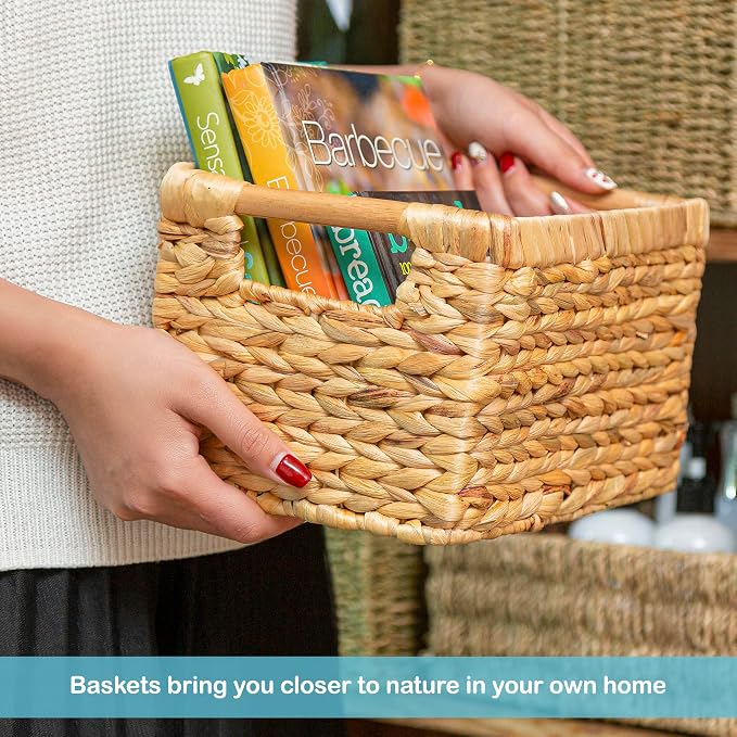 Small Wicker Baskets for Organizing Bathroom, Hyacinth Baskets for Storage, Wicker Storage Basket with Wooden Handle, Decorative Small Basket 10 x 7.5 x 6.3 inches - 3 Pack - Image 7