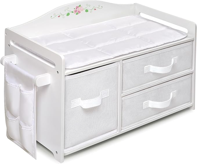 Badger Basket Doll Care Station with Storage Baskets - White | Fits 18–20" dolls; care station with 3 removable baskets, side pocket organizer & personalization kit. by BadgerBasket