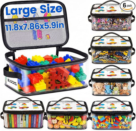 6-Pack Extra Large Clear Toy Storage Bags Transparent Waterproof With Zippers & Labels Durable Reusable Organizer for Blocks,Puzzles & Games by Elover