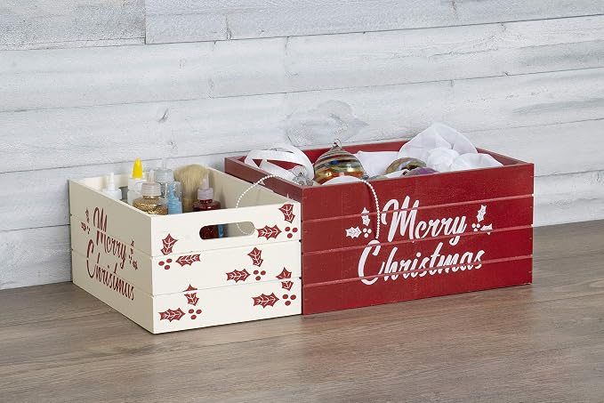 Red Co. Set of 2 Red and White Decorative Nesting Wooden Merry Christmas Storage Crate Organizers with Lettering - Image 3