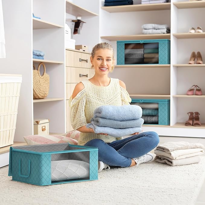 Sorbus Medium Clothes Storage Bags - Foldable Blanket Storage Bins for Organizing Bedroom, Closet, Clothing, Comforter, Organization with Clear Window, Lids and Carry Handles - Set of 8 - Image 5