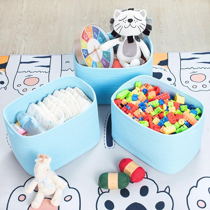 3-Pack Decorative Woven Storage Baskets for Shelves, Cube Bin Box for Organizing Books, Shoes, Dog Toys, Pantry Closet and Living Room Organizer, Sky Blue - Image 5