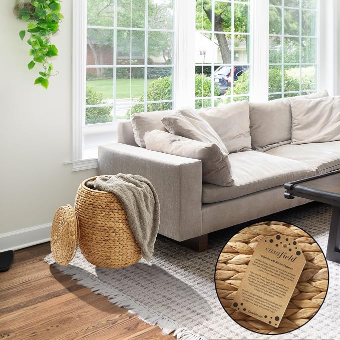 Casafield Round Storage Basket with Lid - Natural, Handwoven Water Hyacinth Organizer for Laundry, Blankets, Plants, Bedroom, Living Room, Home Office - Image 2