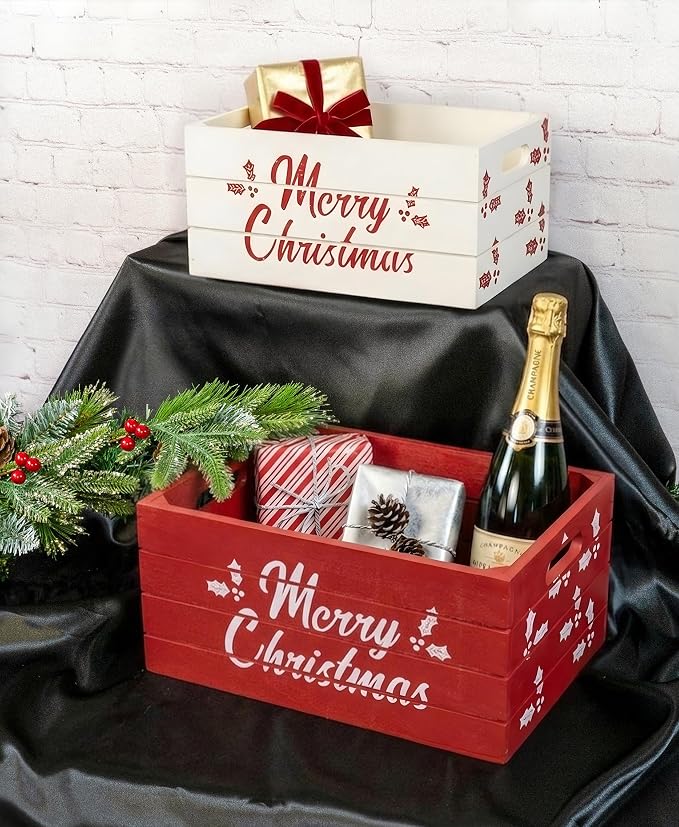 Red Co. Set of 2 Red and White Decorative Nesting Wooden Merry Christmas Storage Crate Organizers with Lettering - Image 2