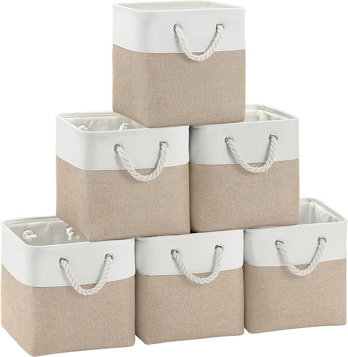 FinishingBo 11 inch Cube Storage Bin with Handles 6 Pack | Foldable Basket, Fabric Storage Bins, Closet Storage, Home Organizer (White/Khaki) by SimplifySpaceSimplifyLife