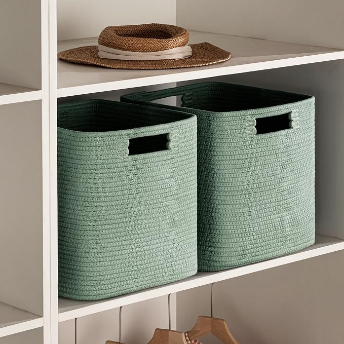 UBBCARE Set of 4 Storage Basket-13 X 13 X 13 In, Cotton Rope Basket for Shelves, Toys, Book, Cube Storage Bins with Handles, Woven Storage Basket for Organizing, Green - Image 6