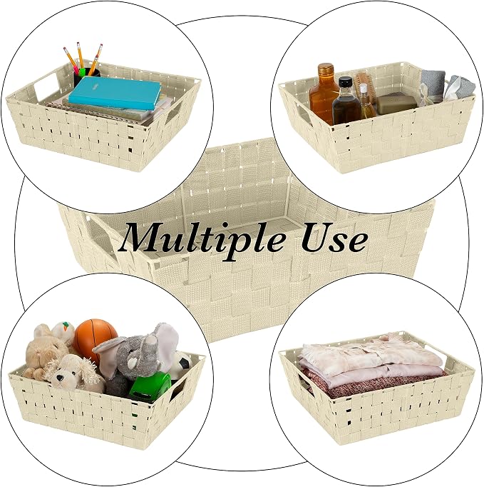 Simplify Large Shelf Woven Strap Tote | Decorative Storage Basket | Built in Handles | Organization | Closet | Bedroom | Bathroom | Nursery | Accessories | Toys | Gifts | 2 Pack | Ivory - Image 2