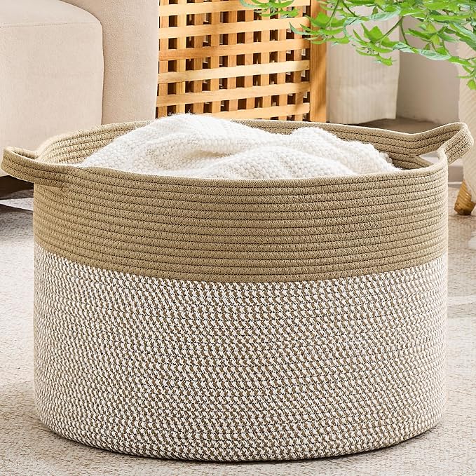 KAKAMAY Large Blanket Basket with Handles, Storage Basket for Living Room | Extra Large Capacity | Natural Cotton Rope | Blanket Storage | Woven Storage Basket | Stuffed Animal Storage | Laundry Basket by KAKAMAY