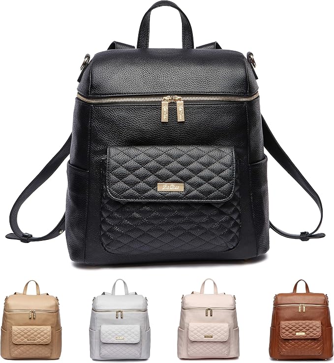 Monaco Large Diaper Bag Backpack by Luli Bebe - Designer Modern Vegan Leather Stylish Baby Diaper Bag for Mom, Multipurpose, Roomy, with Changing Pad and stroller straps (Ebony Black) by LuliBeb%C3%A9