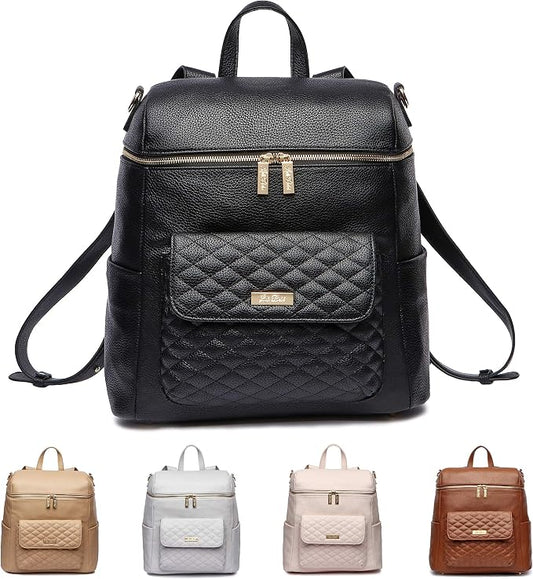 Monaco Large Diaper Bag Backpack by Luli Bebe - Designer Modern Vegan Leather Stylish Baby Diaper Bag for Mom, Multipurpose, Roomy, with Changing Pad and stroller straps (Ebony Black) by LuliBeb%C3%A9