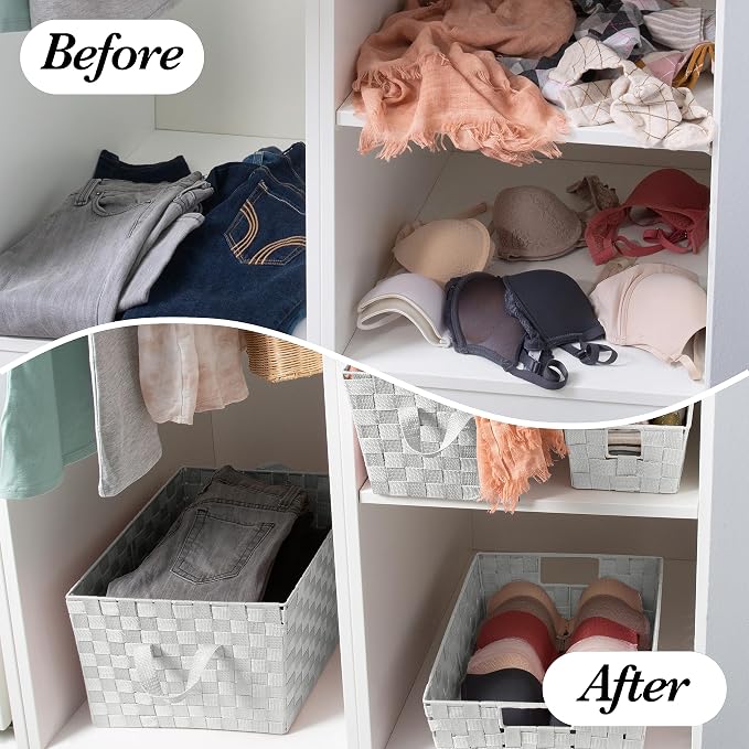 Simplify Large Shelf Woven Strap Tote | Decorative Storage Basket | Built in Handles | Organization | Closet | Bedroom | Bathroom | Nursery | Accessories | Toys | Gifts | 2 Pack | Heather Grey - Image 5