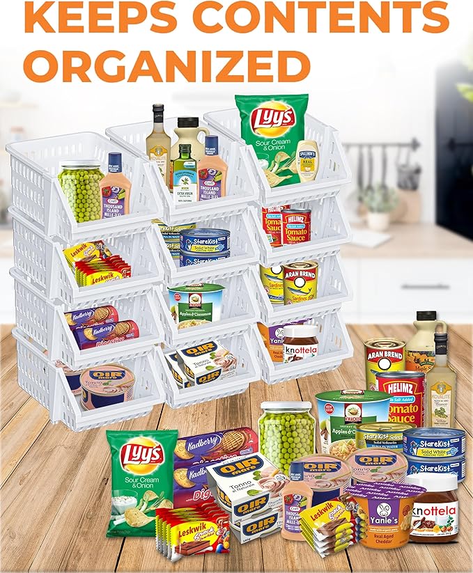 Small Stackable Storage Bins Open Front for Pantry Storage, 12 Pack - White | Sturdy Plastic, Easy Stacking, Open Front Access, Ventilated Sides, Vertical & Space Saving Pantry Organizers and Storage Bin - Image 3