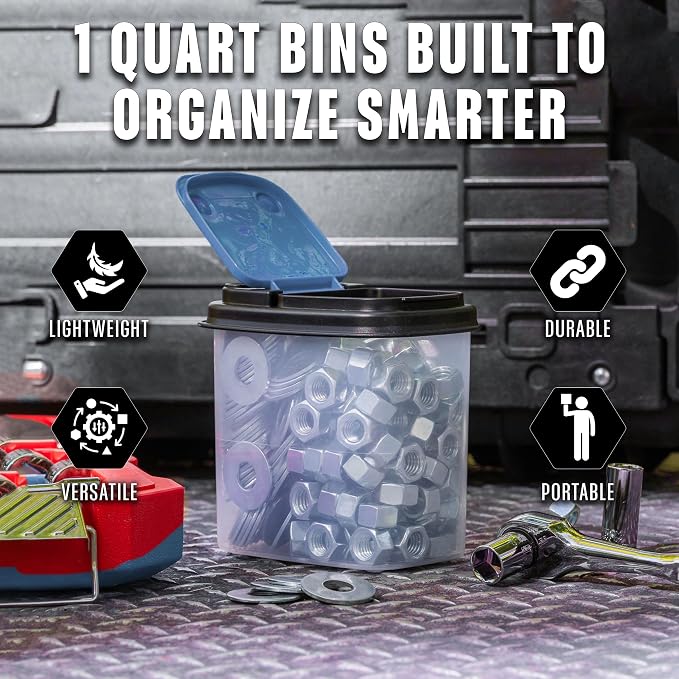 Buddeez Stackable Hardware Storage Bins, 1 Quart, 12-Pack, Blue Lids | Clear bins for easy visibility, Stackable lids, Organizes nuts, bolts, screws and small parts, Workshop or garage storage - Image 3