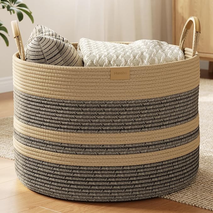 Nunsino 72L Woven Blanket Basket with Leather Handles, Cotton Rope Laundry Basket Hamper,Decorative Nursery Basket Toy Storage Basket for Kids, Living Room, Bedroom,Dark Brown Stripes by Nunsino