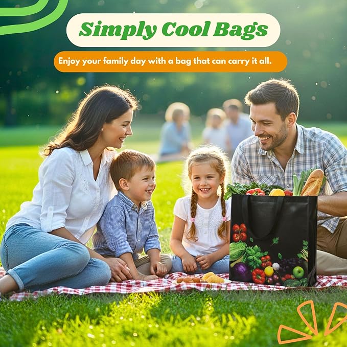 Simply Cool 25 Pack Reusable Grocery Bags, Large Tote Bags Bulk, Black | 13”x12.6”x7.25" Heavy Duty Non-woven Printed Shopping Bags with Handles, Foldable, Washable for Retail and Commercial use - Image 2