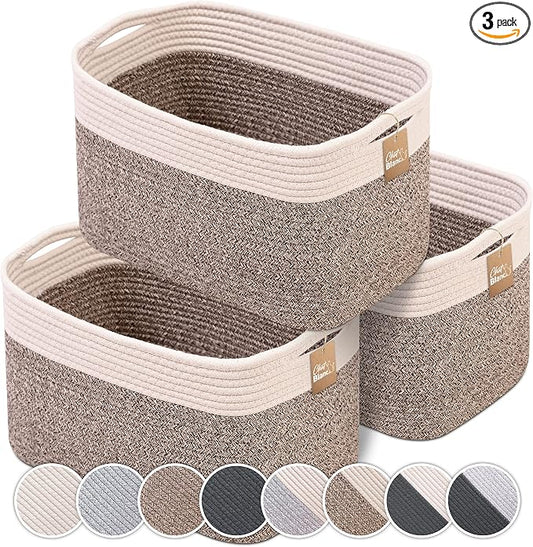 CHAT BLANC Cotton Rope Baskets for Organizing | Storage Baskets for Shelves | Rope Basket for Storage, Small Laundry Baskets, Woven Baskets for Storage, Dog Toy Bin, Baby Basket,Off White&Brown 3 Pack by CHATBLANC