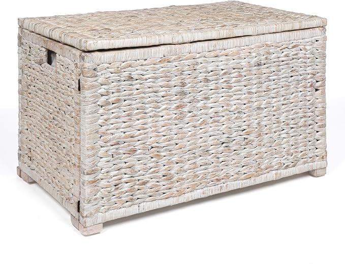 happimess Anada 30" Storage Trunk Wicker Weave Water Hyacinth, White Wash | Solid Mahogany Construction, Collapsible Folds Flat, Removable Lid, Fabric Liner, Footed Base, 17.5" Height, 17.5" Depth by Happimess