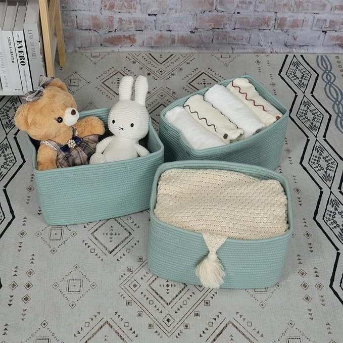 XUANGUO Woven Cotton Rope Storage Baskets 15x10x9.3" 3 Pack Green | Decorative rectangular storage baskets for shelves and closets; storage bins organize clothes, toys, books and nursery items. - Image 4